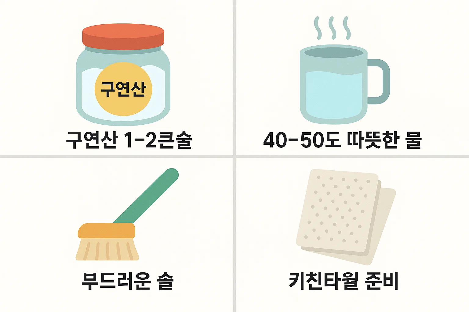 가열식 가습기 석회 청소를 위해 필요한 구연산, 따뜻한 물, 부드러운 솔, 키친타월 등 준비물을 시각적으로 정리한 인포그래픽으로 초보자도 쉽게 준비할 수 있도록 안내하는 설명 이미지
