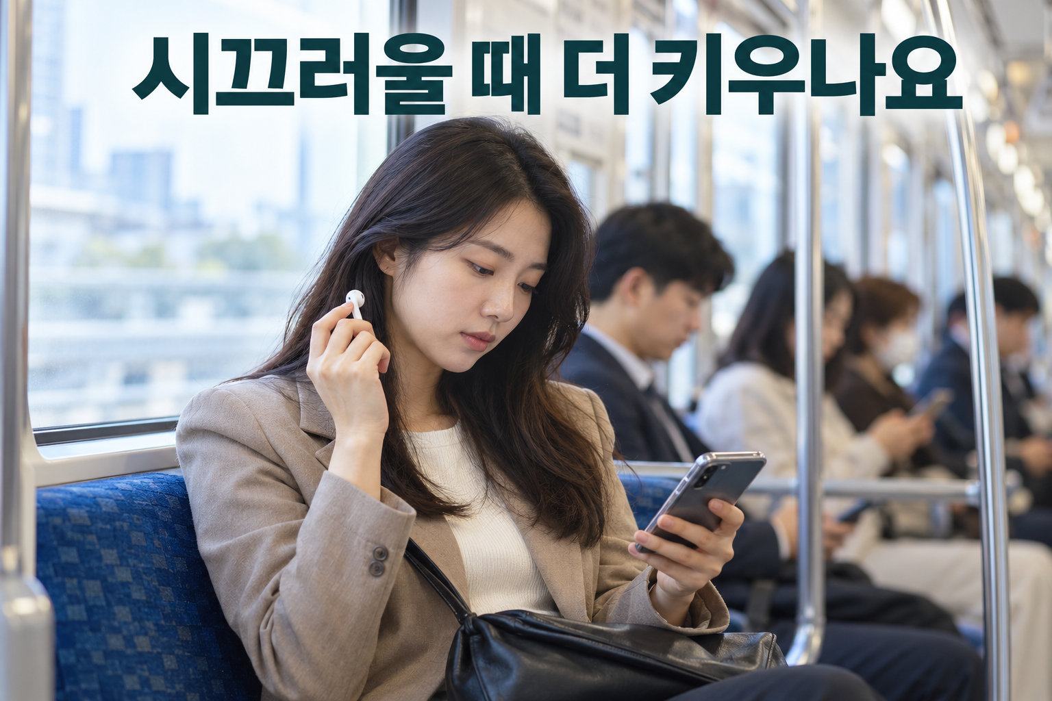 대중교통에서 이어폰을 귀에서 빼 들고 주변 소음을 살피는 성인