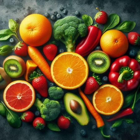 비타민 C가 풍부한 과일과 채소들. 오렌지, 키위, 딸기, 파프리카, 브로콜리 등