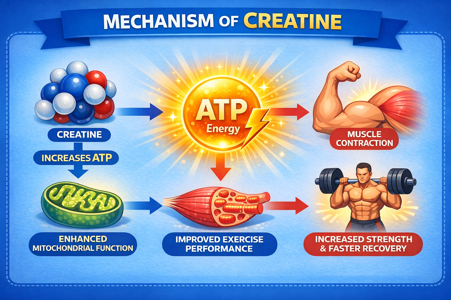 크레아틴 작용 원리 인포그래픽, 크레아틴이 ATP 에너지 생성을 통해 근육 수축과 운동 퍼포먼스를 높이는 과정 설명