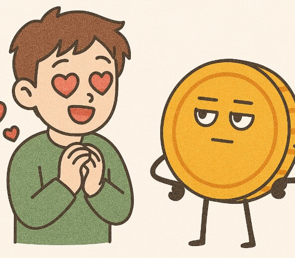 비트코인과 사랑에 빠진 초보 투자자와 냉정하게 투자자를 바라보는 코인을 귀엽게 그린 그림