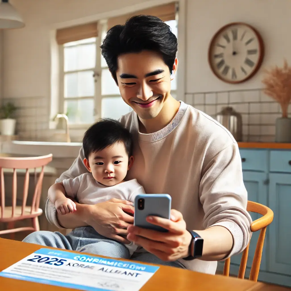 밝은 식탁에서 아기를 무릎에 앉히고 스마트폰으로 아동수당 승인 메시지를 확인하는 동양인 젊은 아빠의 초고해상도 사진