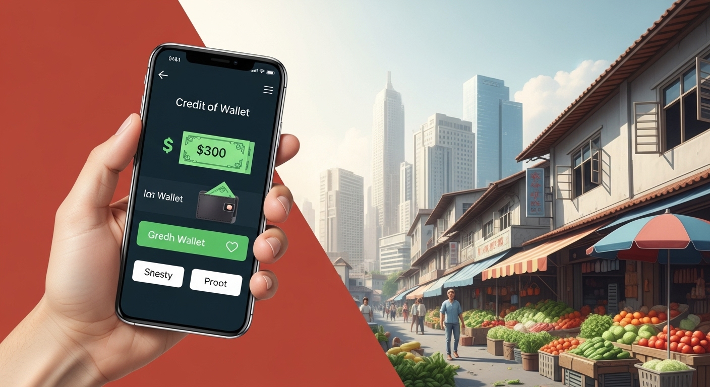 정부 지원금을 받아 행복해하는 사람과 전통 시장 풍경이 어우러진 활기찬 이미지.