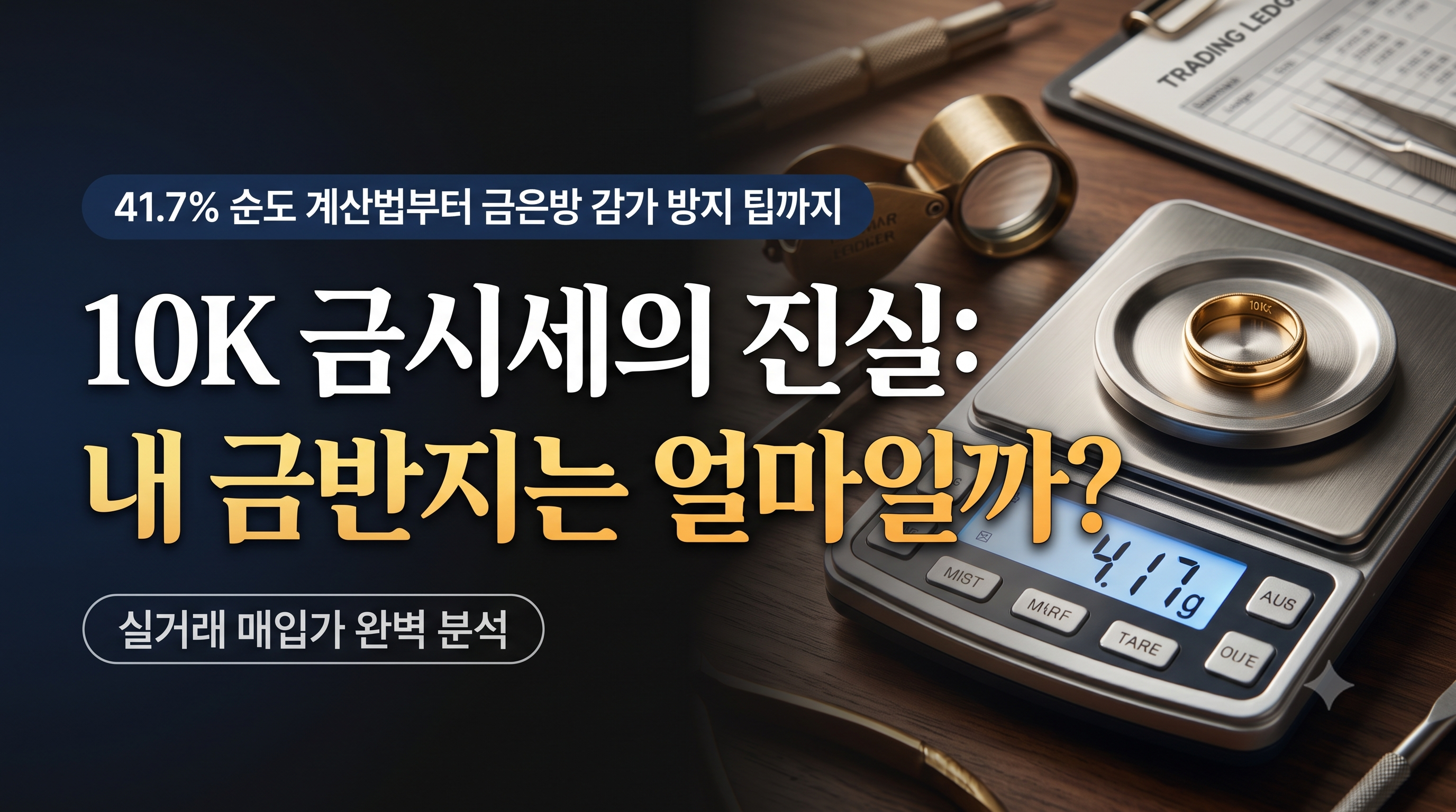 정밀 전자저울에 올려진 10K 금반지와 417 각인 및 금시세 계산용 계산기