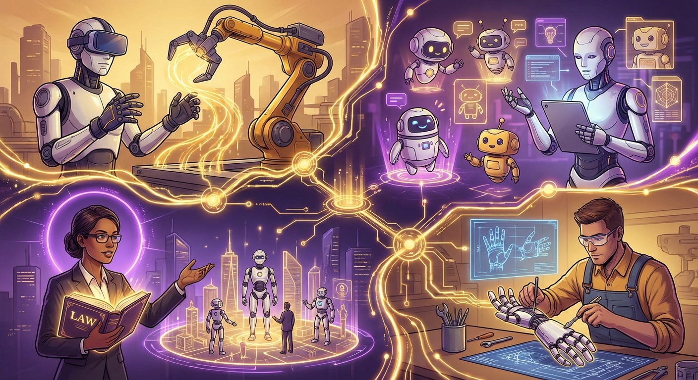 피지컬 AI 시대에 새롭게 떠오르는 로봇 관리자, HRI 디자이너 등 4가지 유망 직업군을 시각화한 일러스트