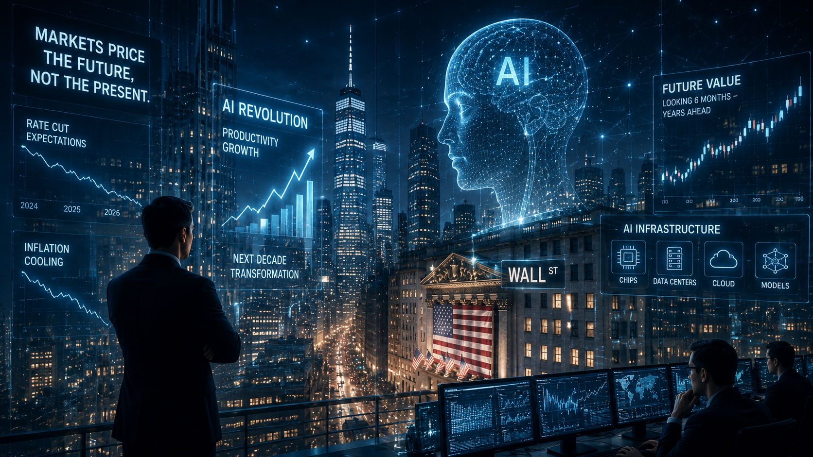 AI-driven financial market visualization with futuristic trading screens and city skyline.