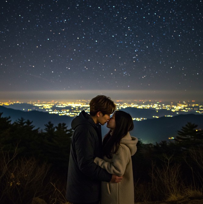 연인과 함께 별보는 장면의 이미지