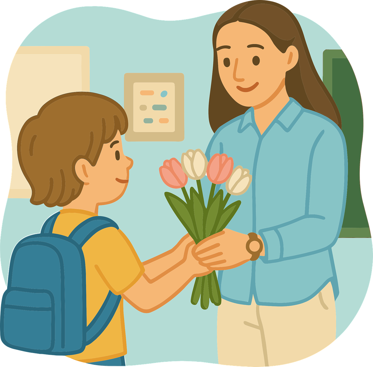 초등학교 교사가 학생에게 교실에서 꽃을 받고 있는 모습입니다.