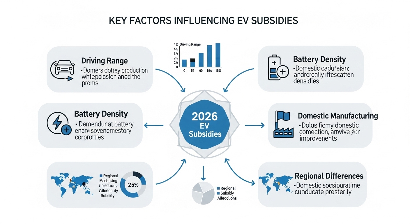 2026년 전기차 보조금에 영향을 미치는 주행거리, 배터리, 제조사, 지역별 요소를 시각적으로 보여주는 인포그래픽.