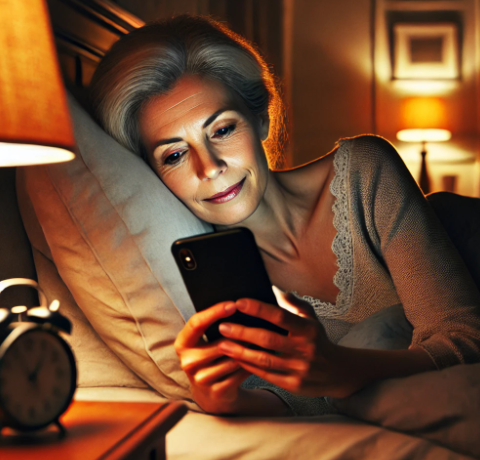 자기 전 누워서 핸드폰을 보는 50대 여성