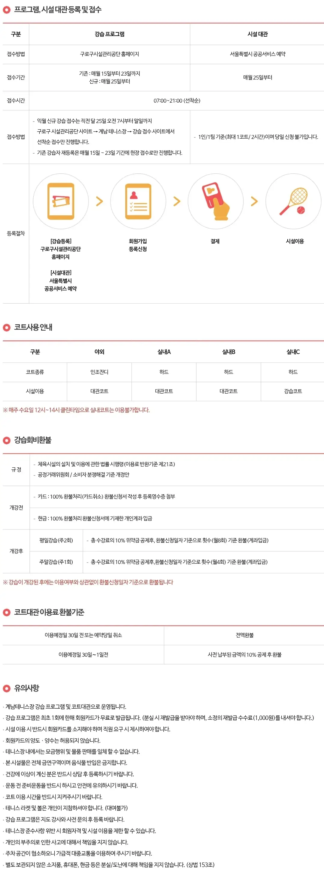 계남근린공원테니스장 강습 접수기간, 강습회비 환불, 이용료 환불기준 등 안내