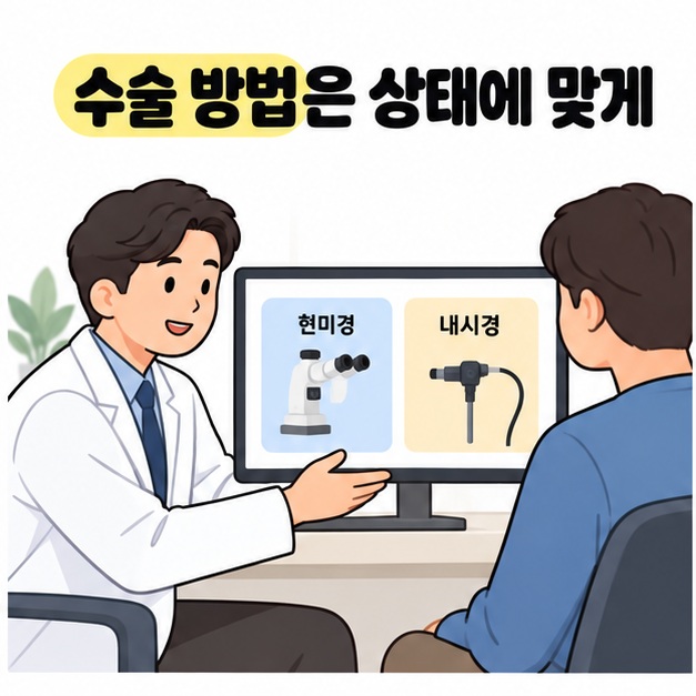 수술 방법은 상태에 맞게 선택한다는 안내 아래 현미경과 내시경 그림이 나란히 있는 화면을 설명하는 의사를 그린 그림