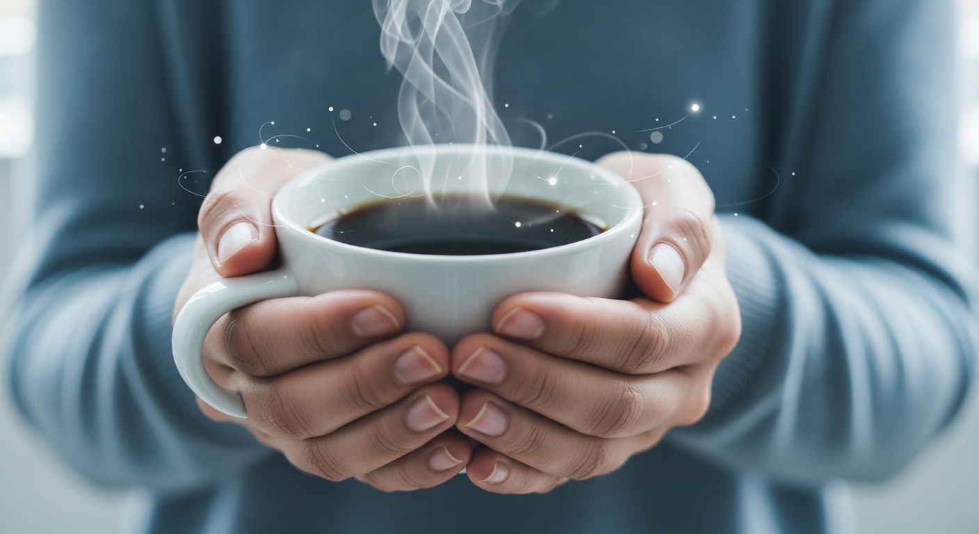 따뜻한 블랙커피를 마시는 손과 신진대사 활성화를 상징하는 희미한 빛. 커피의 건강 효능을 보여줍니다.