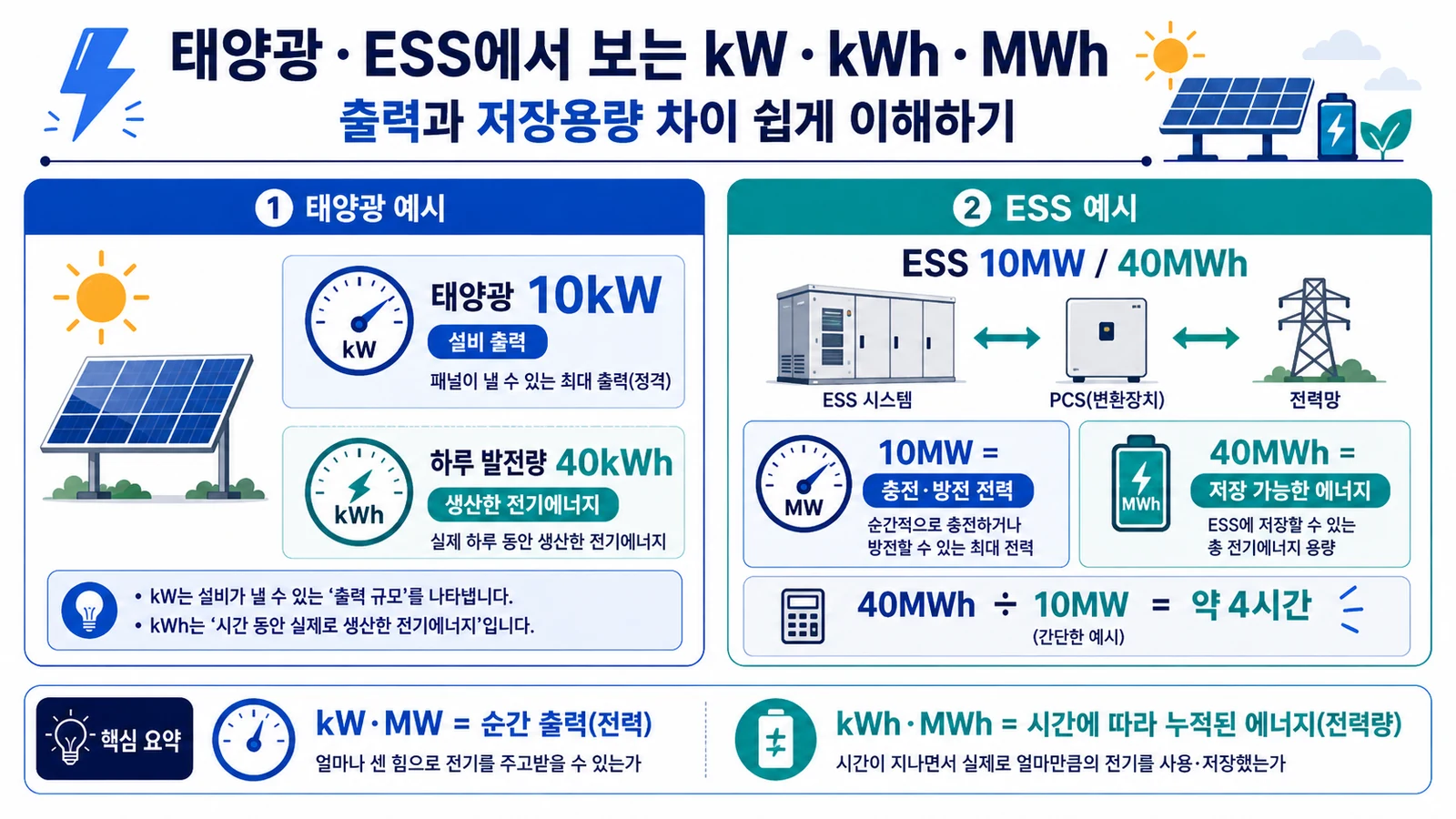 태양광과 ESS에서 kW kWh MW MWh의 차이와 사용 예시