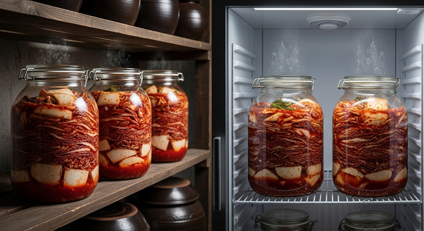 투명한 유리병에 담겨 맛있게 익어가는 김치들. 발효 중인 기포가 보이며, 신선하고 먹음직스러운 김치의 모습.