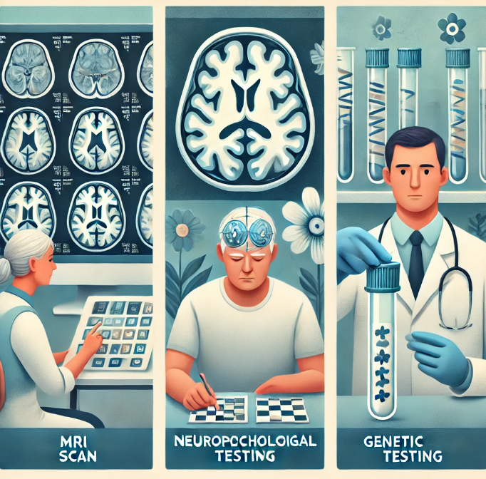 MRI 검사 (왼쪽), 신경심리검사 (가운데), 유전자 검사 (오른쪽) 치매 조기 진단 방법 이미지