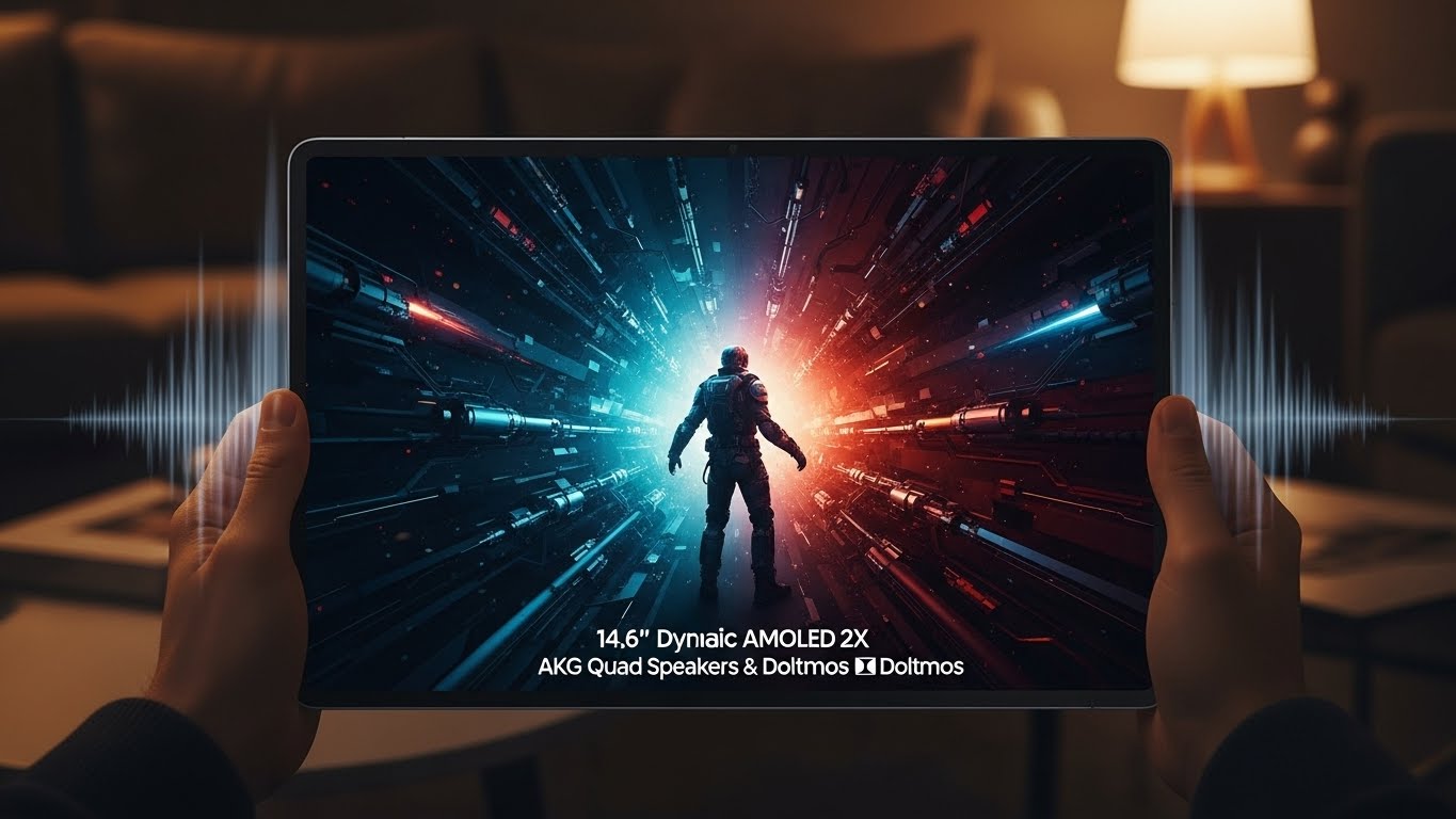 어두운 조명과 아늑한 방에서 손으로 잡고 풍부하고 깊은 색상과 강한 대비를 이루는 생동감 넘치는 고해상도의 공상과학 영화 장면을 보여주는 미래형 삼성 갤럭시 탭 S11 울트라.