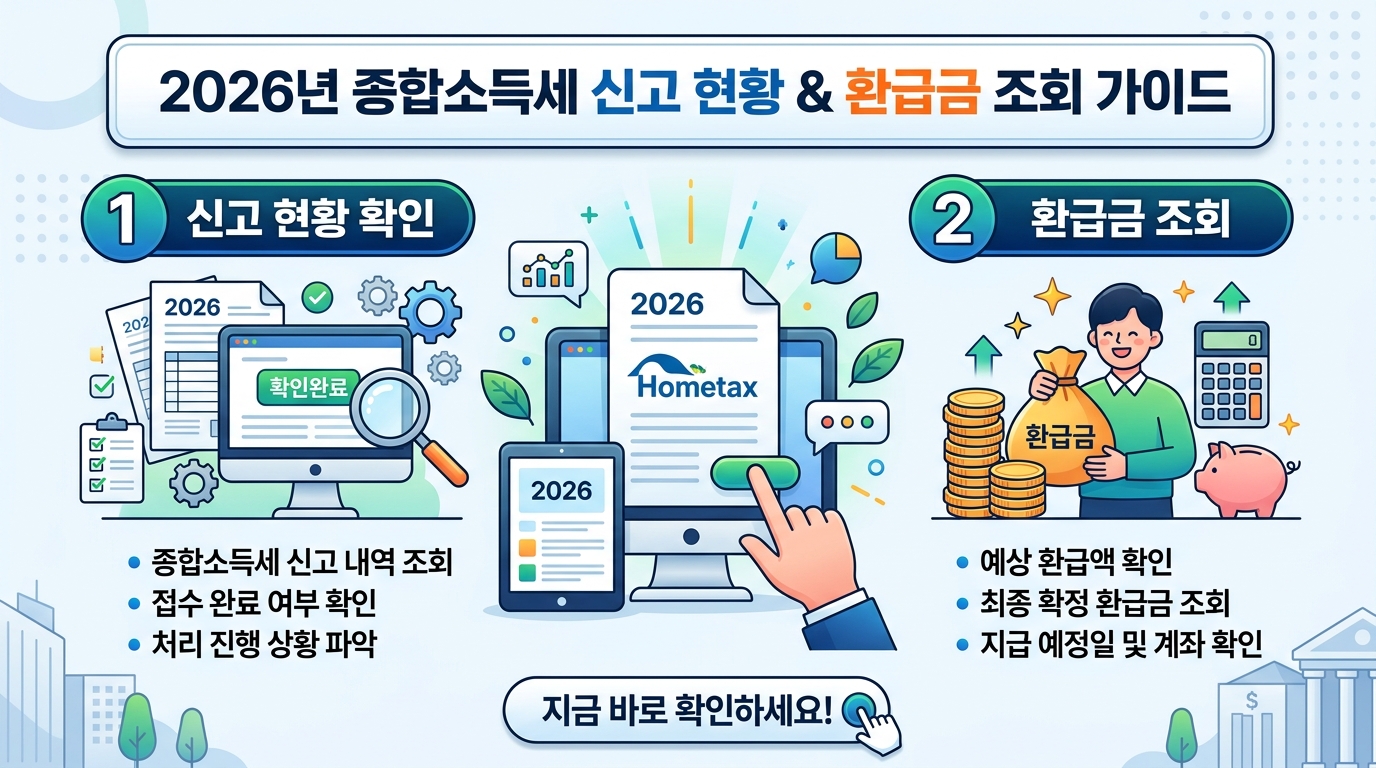 2026년 종합소득세 신고 대상 확인 및 환급금 조회를 안내하는 금융 이미지