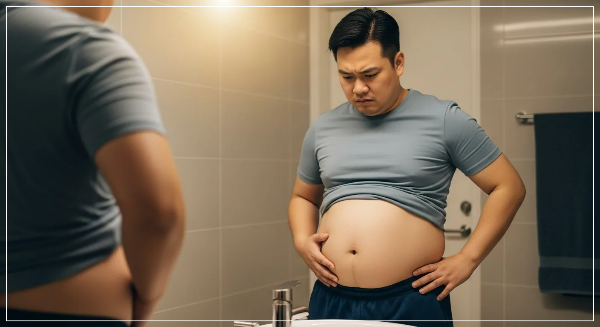 화장실 거울로 늘어난 배를 바라보고 있는 남성