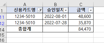 엑셀 부분합 필터링 표