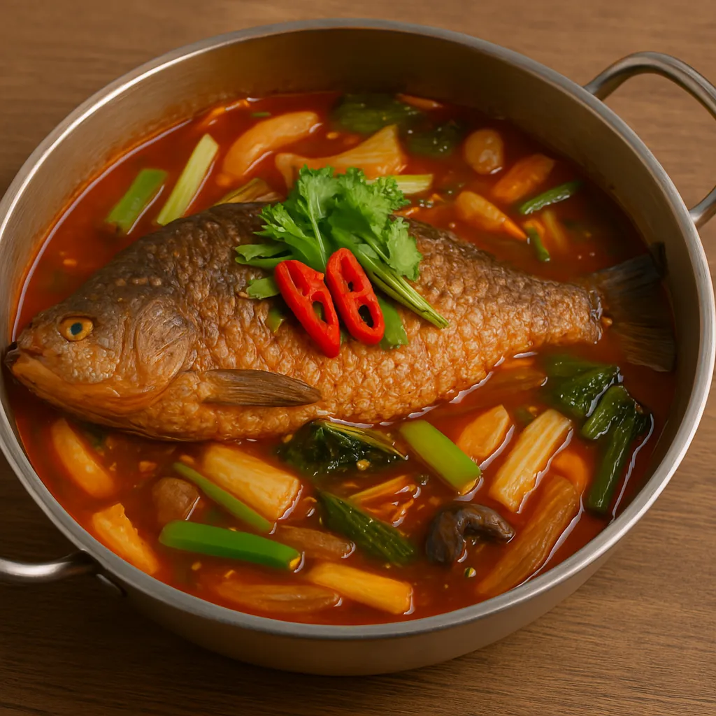 붉은 국물과 함께 끓인 붕어 매운탕 모습