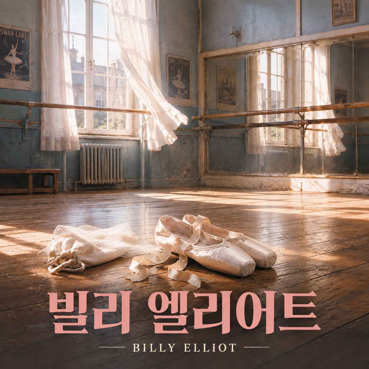 빌리 엘리어트 영화를 나타내는 이미지, 따뜻한 햇살이 비치는 발레 연습실을 배경으로 나무 바닥 위에 발레 슈즈와 천으로 된 작은 주머니가 놓여 있는 장면