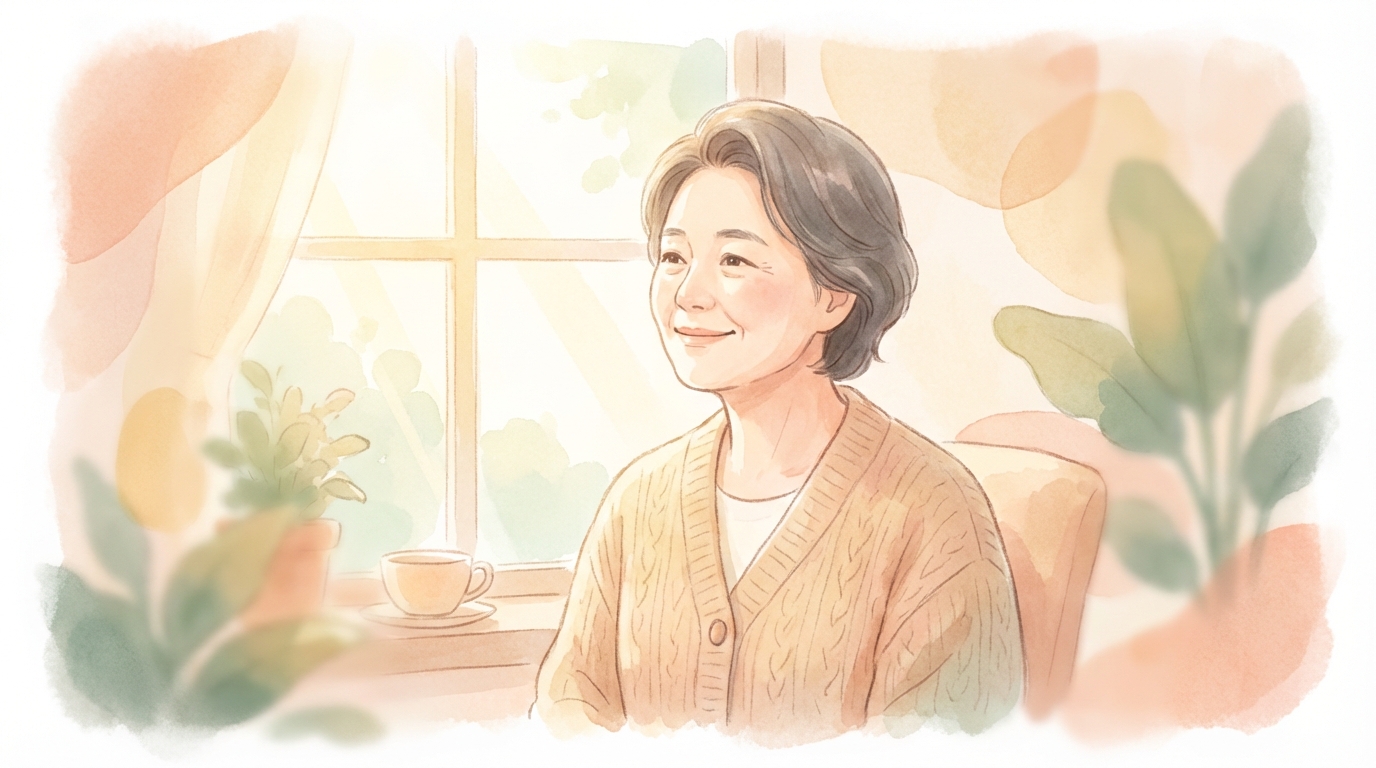 아침 햇살 속에서 편안히 숨을 고르는 50대의 모습