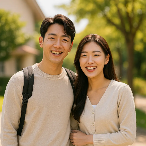 햇살 아래 공원이나 주택가에서 환하게 웃으며 함께 서 있는 신혼부부의 안정된 일상을 표현한 따뜻한 이미지