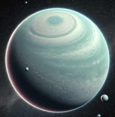 녹색을 띄고있는 천왕성의 모습 잔잔한 구름형태의 선이 행성을 휘감고 있다.