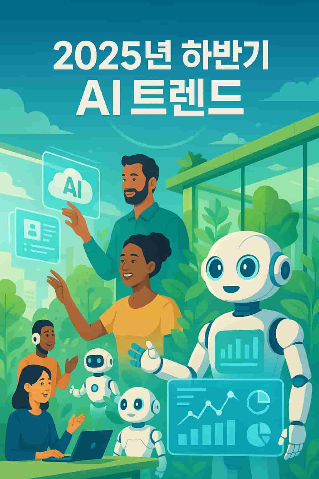 A sci-fi styled digital poster showing diverse humans and robots collaborating in a futuristic, eco-friendly office with holographic interfaces, representing AI trends of late 2025