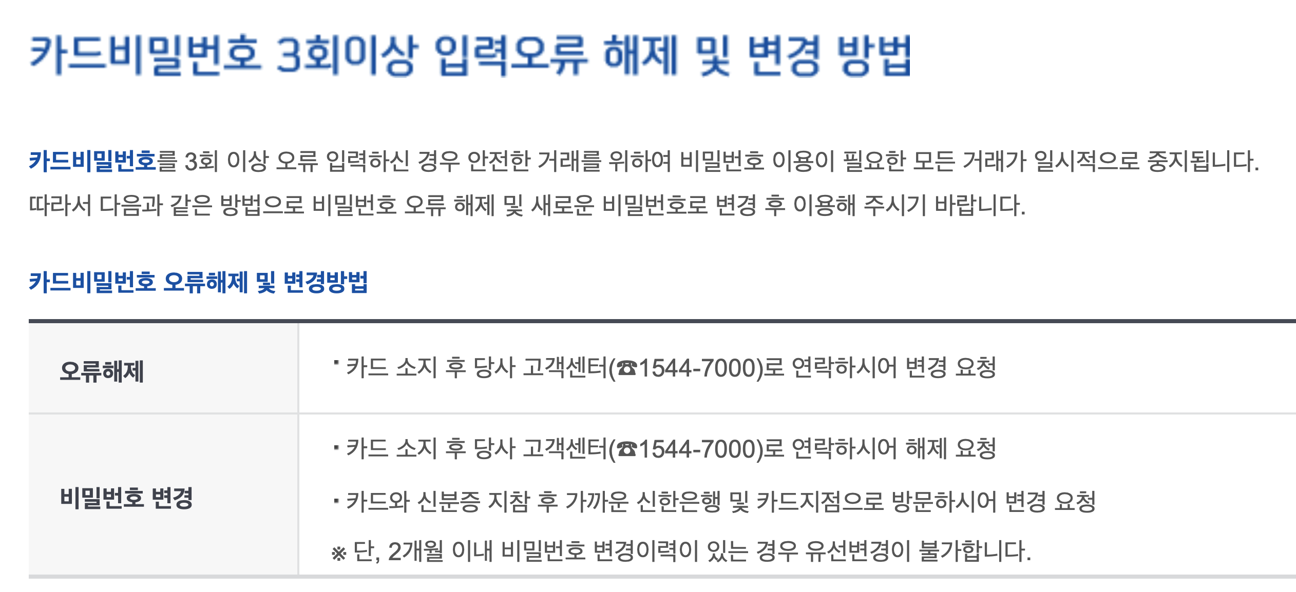 신한카드 비밀번호 틀렸을 때