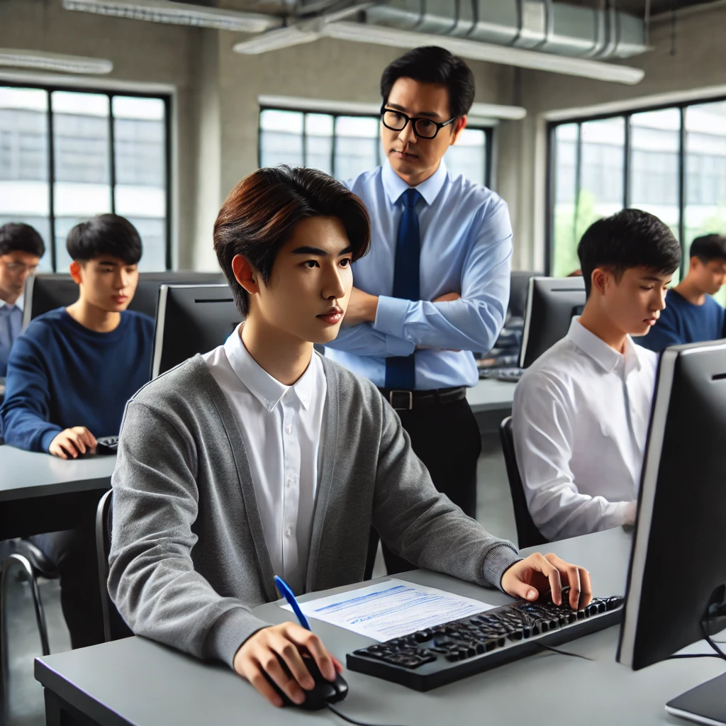 학생 그룹이 컴퓨터실에서 자격증 시험을 위해 시간 제한 작업을 연습하며, 시험 감독관이 관찰하는 구조적이고 전문적인 분위기