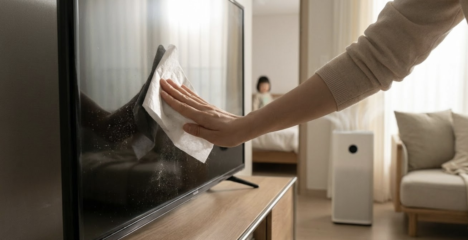 일상적인 청소 장면이지만 은은한 빛의 파동과 함께 우주 정거장(ISS) 내부의 정밀 장비 표면에 달라붙은 미세 먼지를 전역학적 유도(EDS) 기술로 밀어내어 포집하는 NASA의 최첨단 청소 시스템과 유사