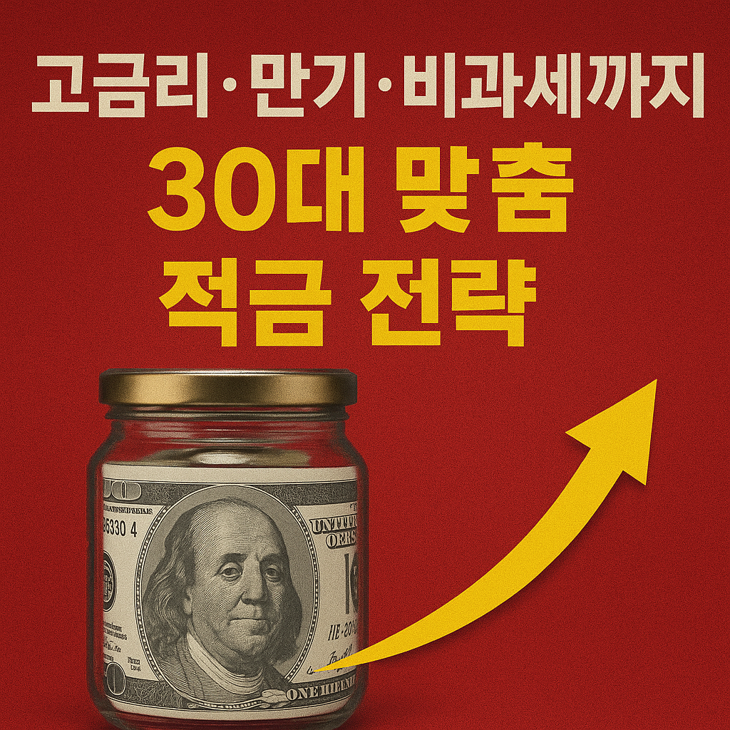"고금리·만기·비과세 혜택을 강조하는 30대 적금 전략 썸네일 이미지. 달러가 담긴 유리병과 상승 화살표가 함께 표현되어 있음"