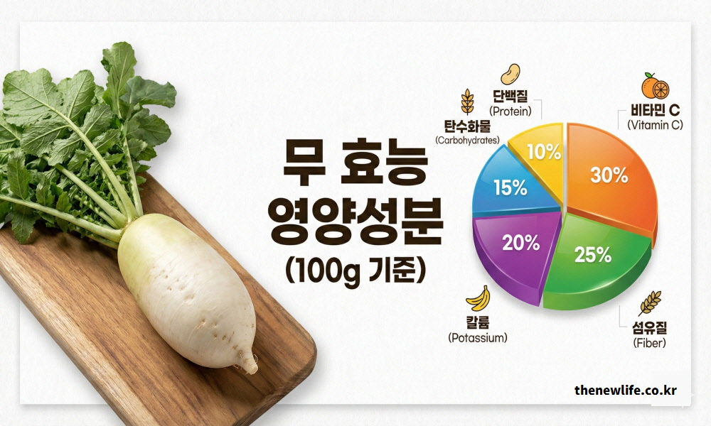 무 효능의 핵심인 비타민C, 식이섬유, 칼륨 등 100g 기준 주요 영양성분 함량을 정리한 도표 인포그래픽