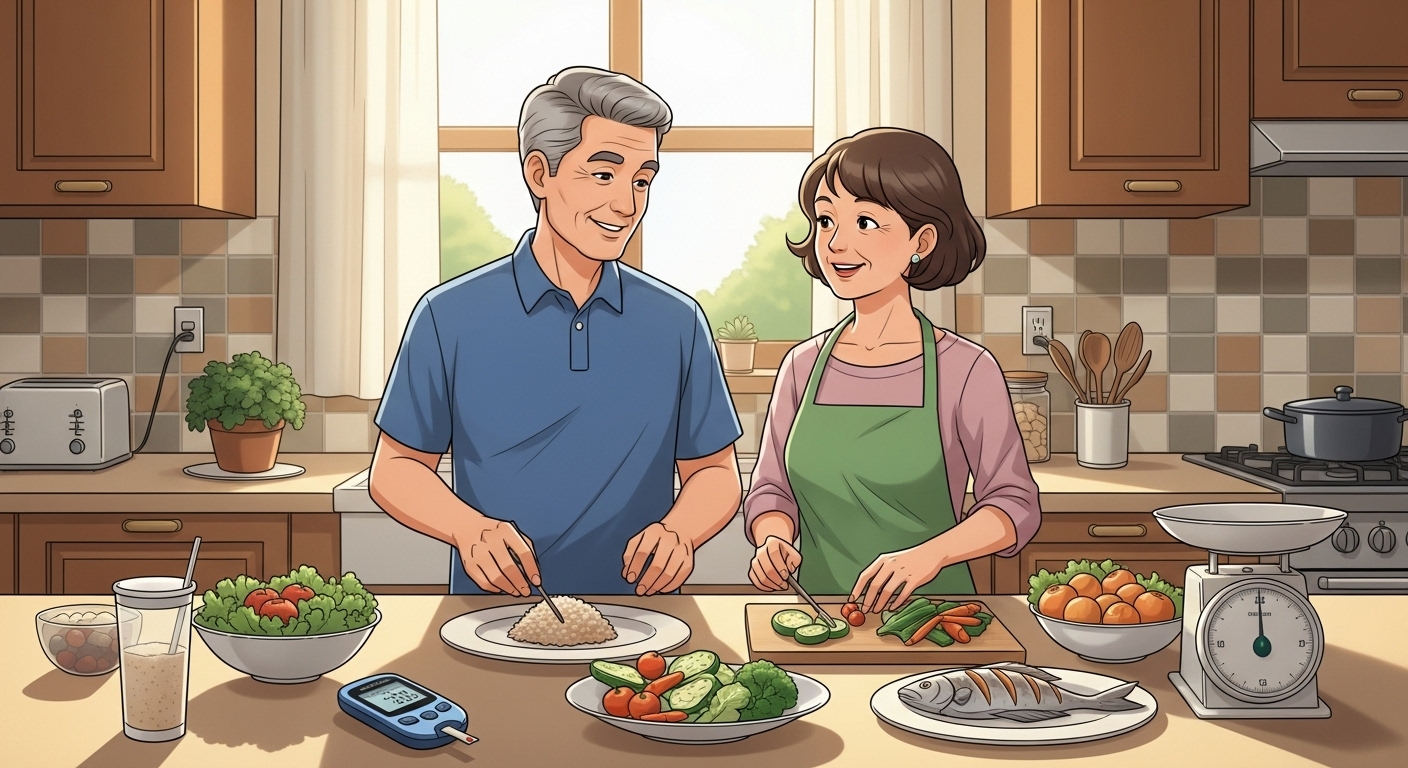 50대 부부가 주방에서 혈당 지수가 낮은 건강한 음식들