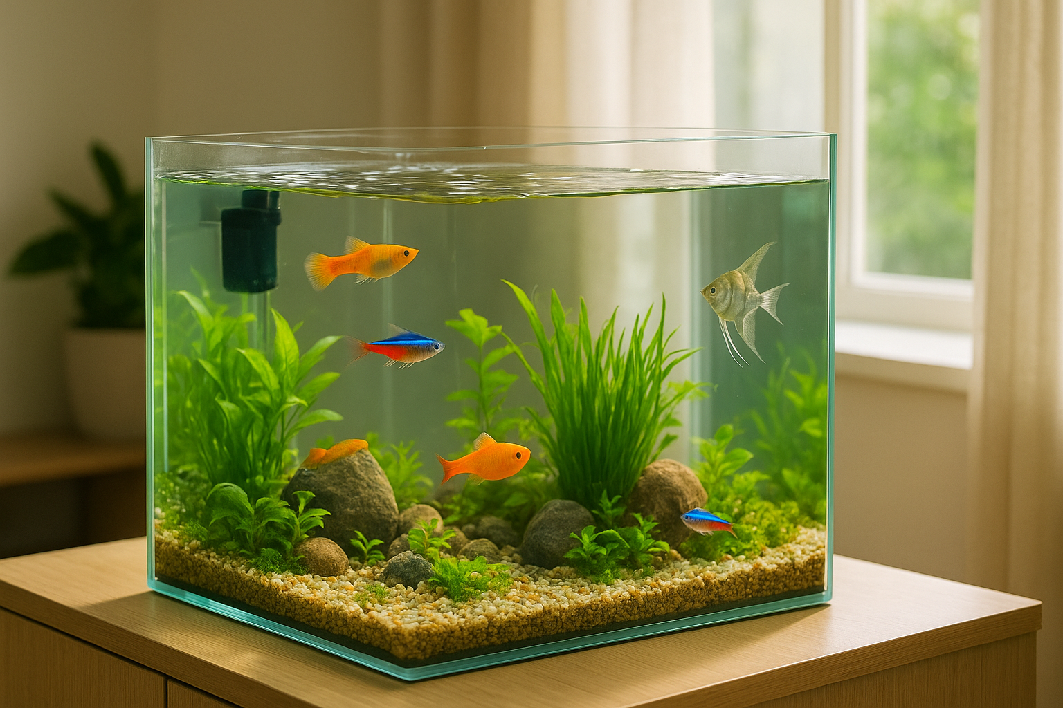 거실 어항 속에서 열대어들이 수초와 자갈 사이를 헤엄치는 평화로운 모습