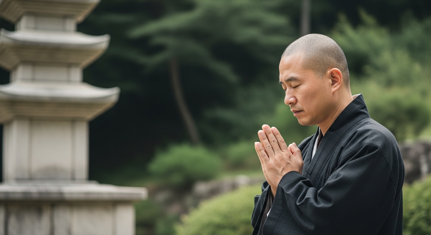스님이 절에서 기도하고 있는 사진