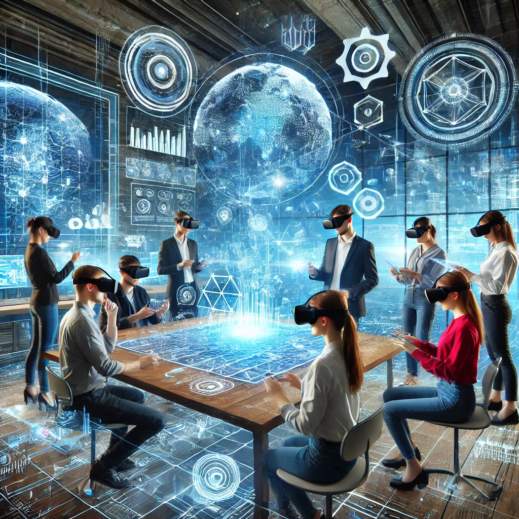 가상현실 헤드셋을 착용한 사람들이 디지털 환경에서 협업하는 모습을 보여주는 이미지