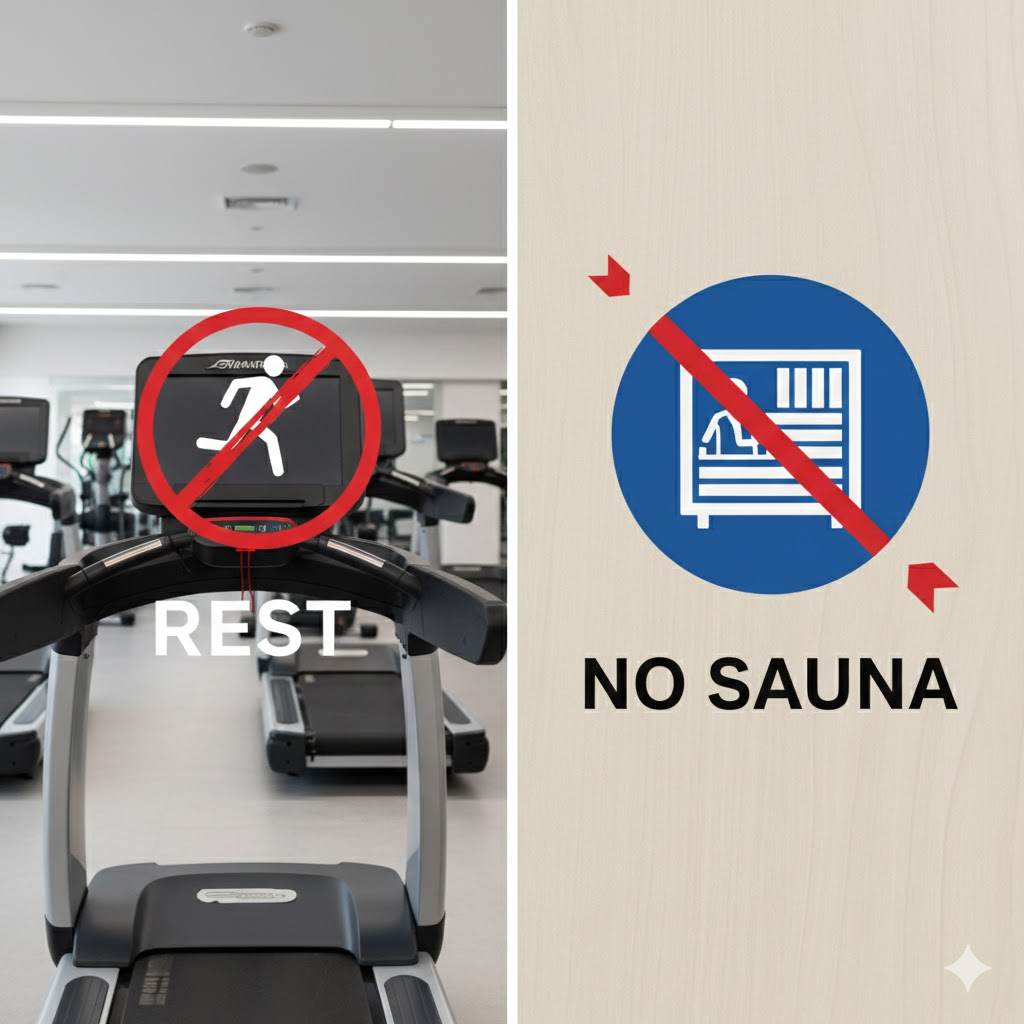 운동 기구에 '휴식' 표시가 된 이미지나 사우나 금지 아이콘