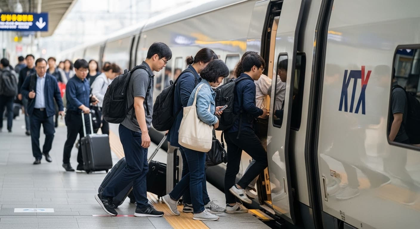 승강장에서 KTX 열차 탑승하는 승객들과 가족