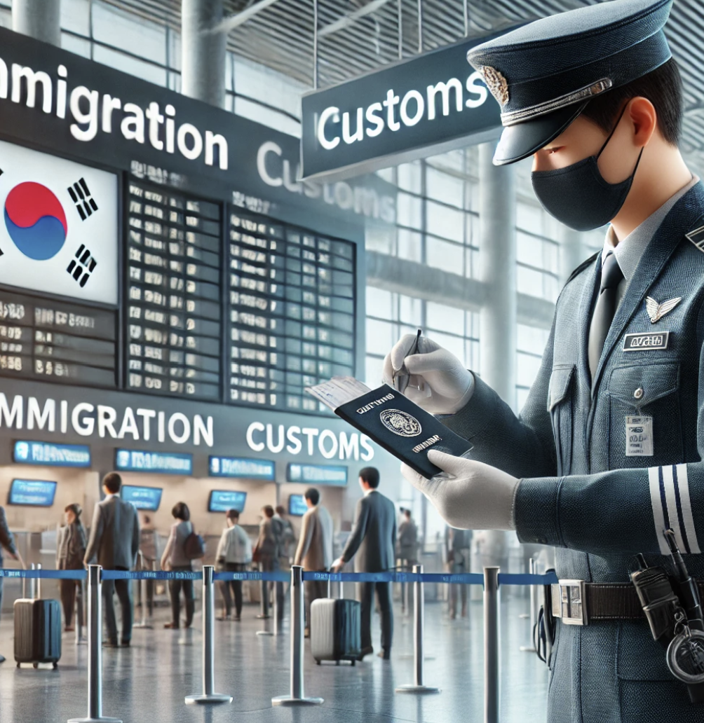 공항 출입국 심사대에서 여권을 검사하는 모습