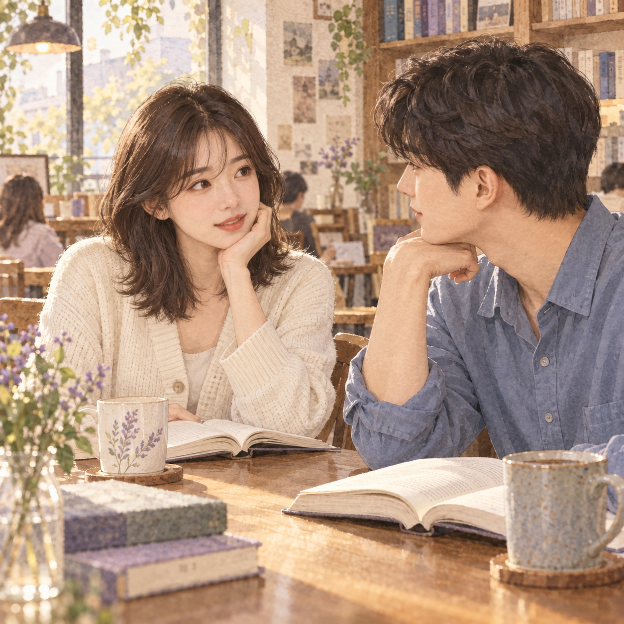 독서 모임에서 책을 펼쳐 두고 서로의 생각을 나누는 하린과 민준