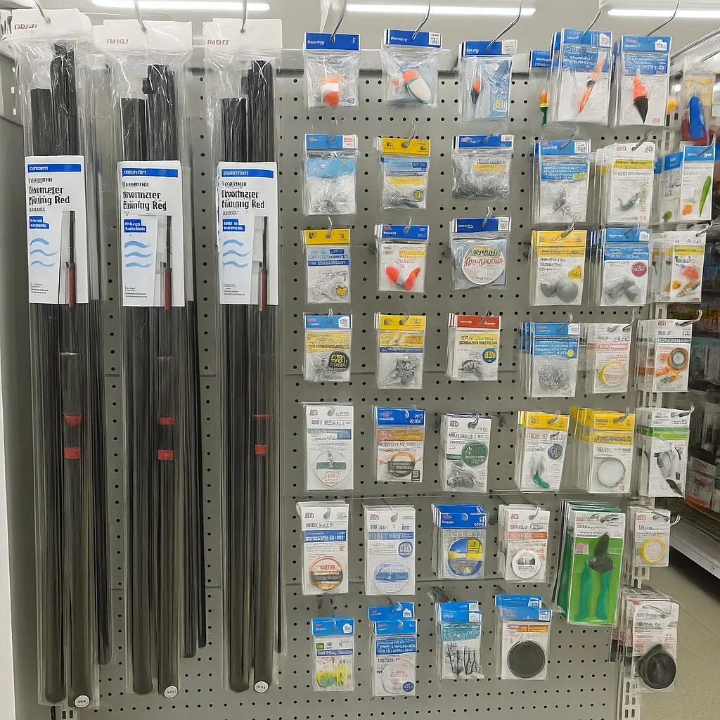 다이소 매장 내 민물 낚싯대와 낚시 용품이 진열된 모습