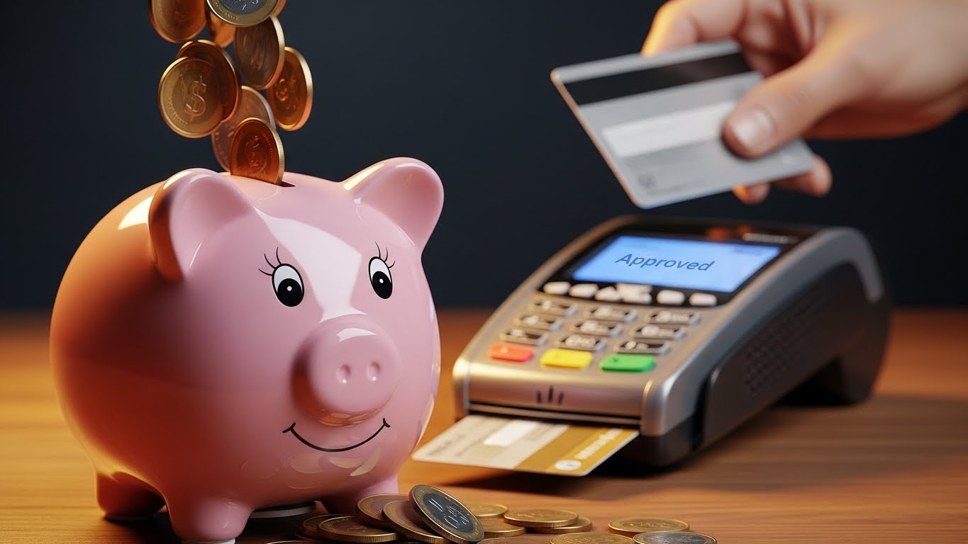 Image of coins pouring out into a piggy bank the moment a credit card is swiped on a terminal.