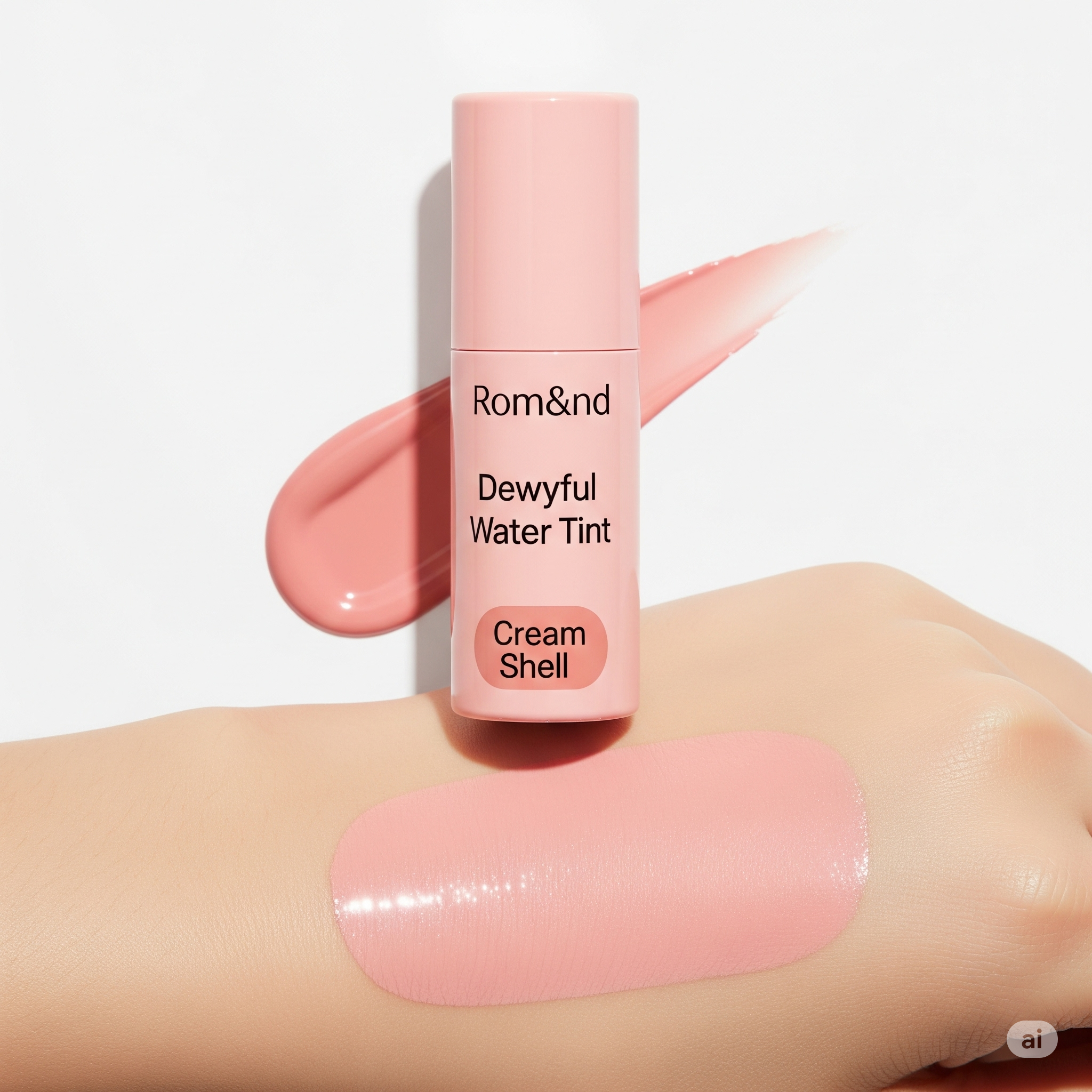 롬앤 듀이풀 워터 틴트 크림쉘 제품 이미지 및 손등, 입술 발색