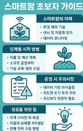 스마트팜 초보자를 위한 이해, 단계별 시작 방법, 운영 시 주의사항, 성공 팁을 아이콘과 함께 설명