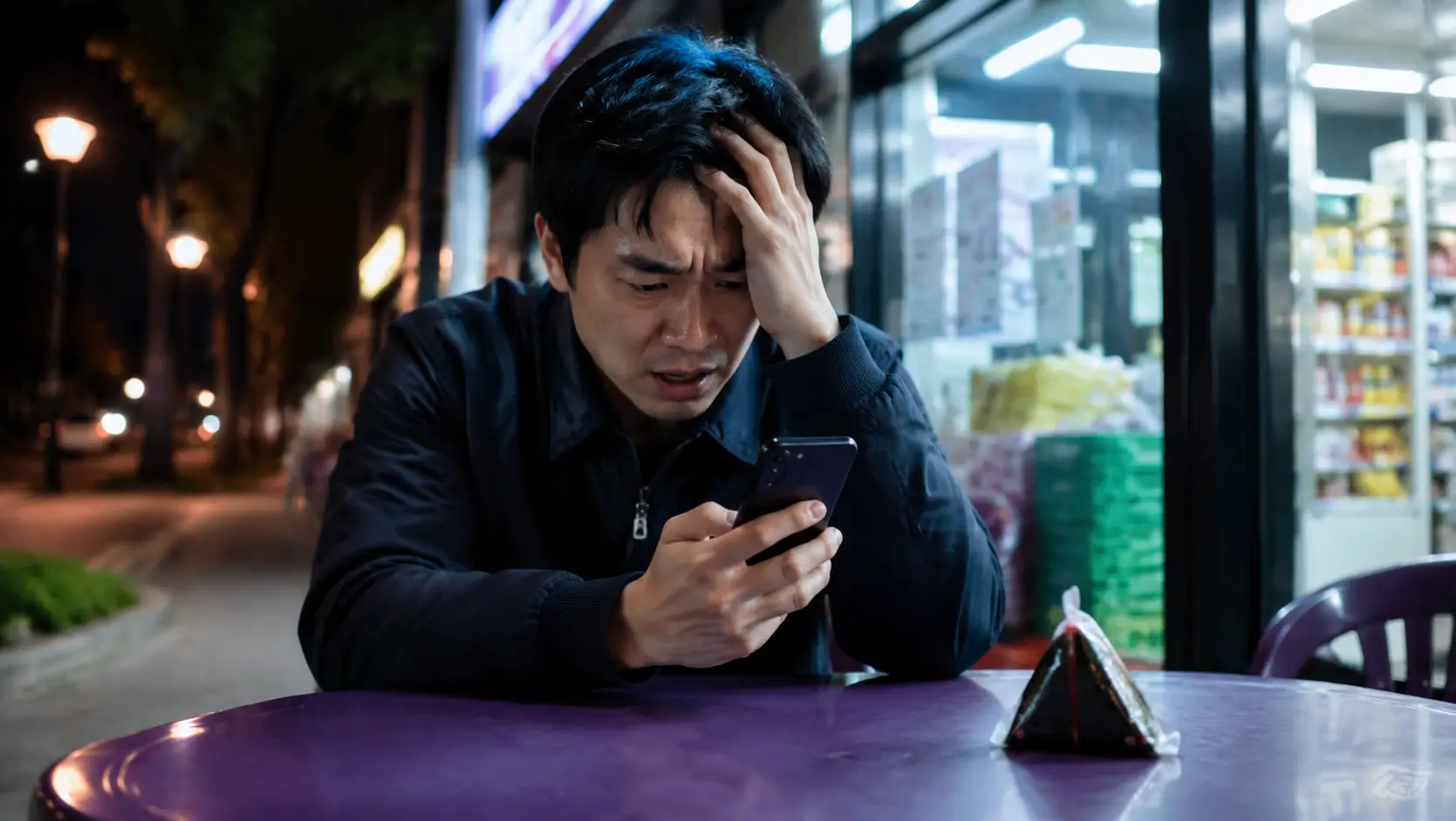 동네 편의점 야외 테이블에 앉아 스마트폰 잔액 부족 화면을 보며 삼각김밥 하나를 두고 심각하게 당황하는 30대 남성