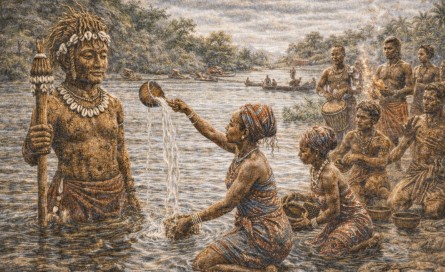 마다가스카르 베조족의 전통 정령 신앙을 표현한 의례 장면으로, 물가에서 정령 조각 앞에 모여 물을 바치고 제의를 행하는 공동체의 모습