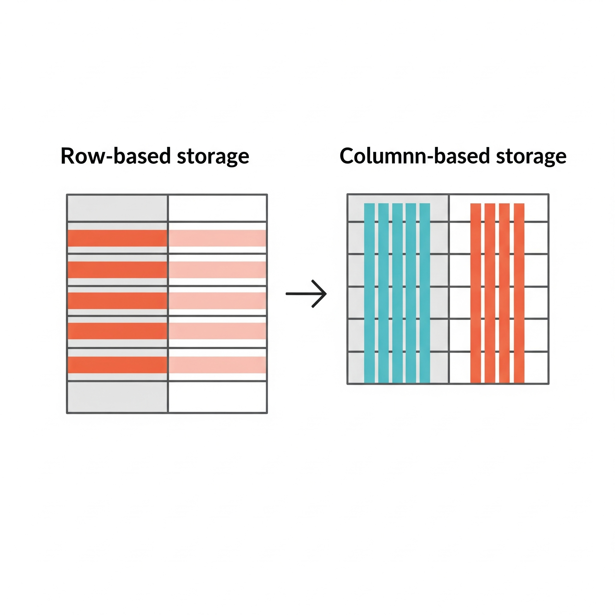 데이터를 행 단위로 저장하는 행 기반과 컬럼 단위로 저장하는 컬럼 기반 방식의 시각적 비교